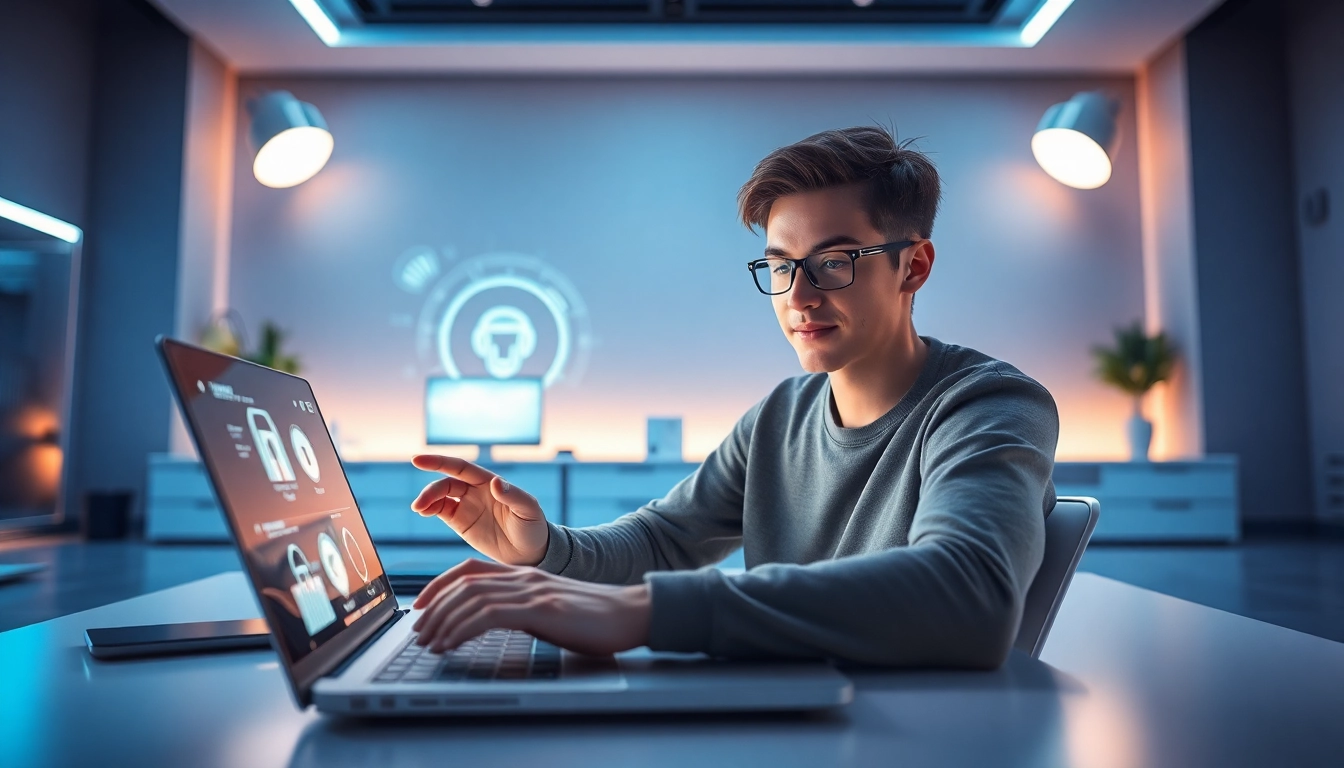 A young adult engaging with an 18+ AI companion in a modern workspace.