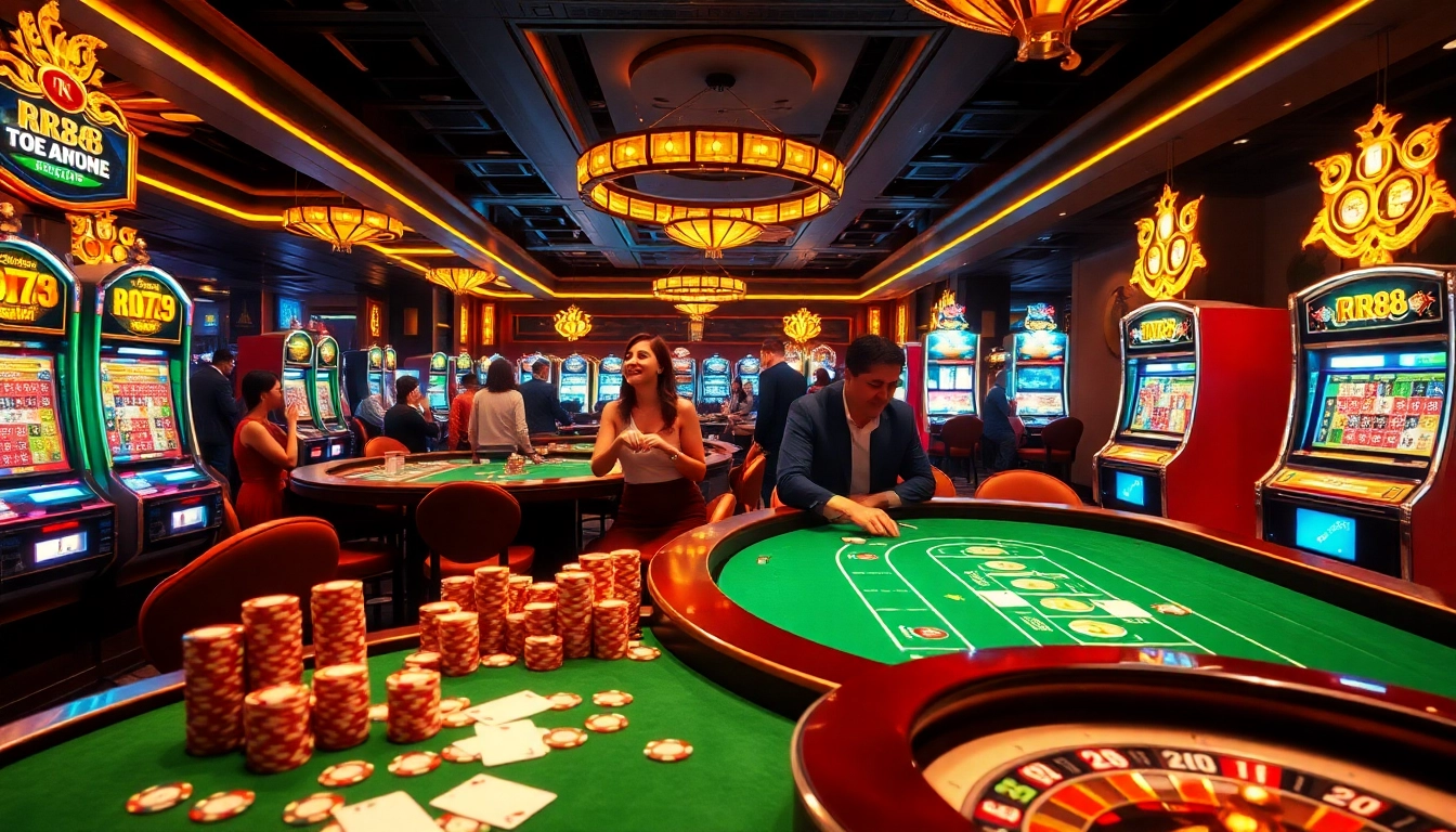 Experience RR88 excitement at a luxurious casino with vibrant gaming tables and eager players.