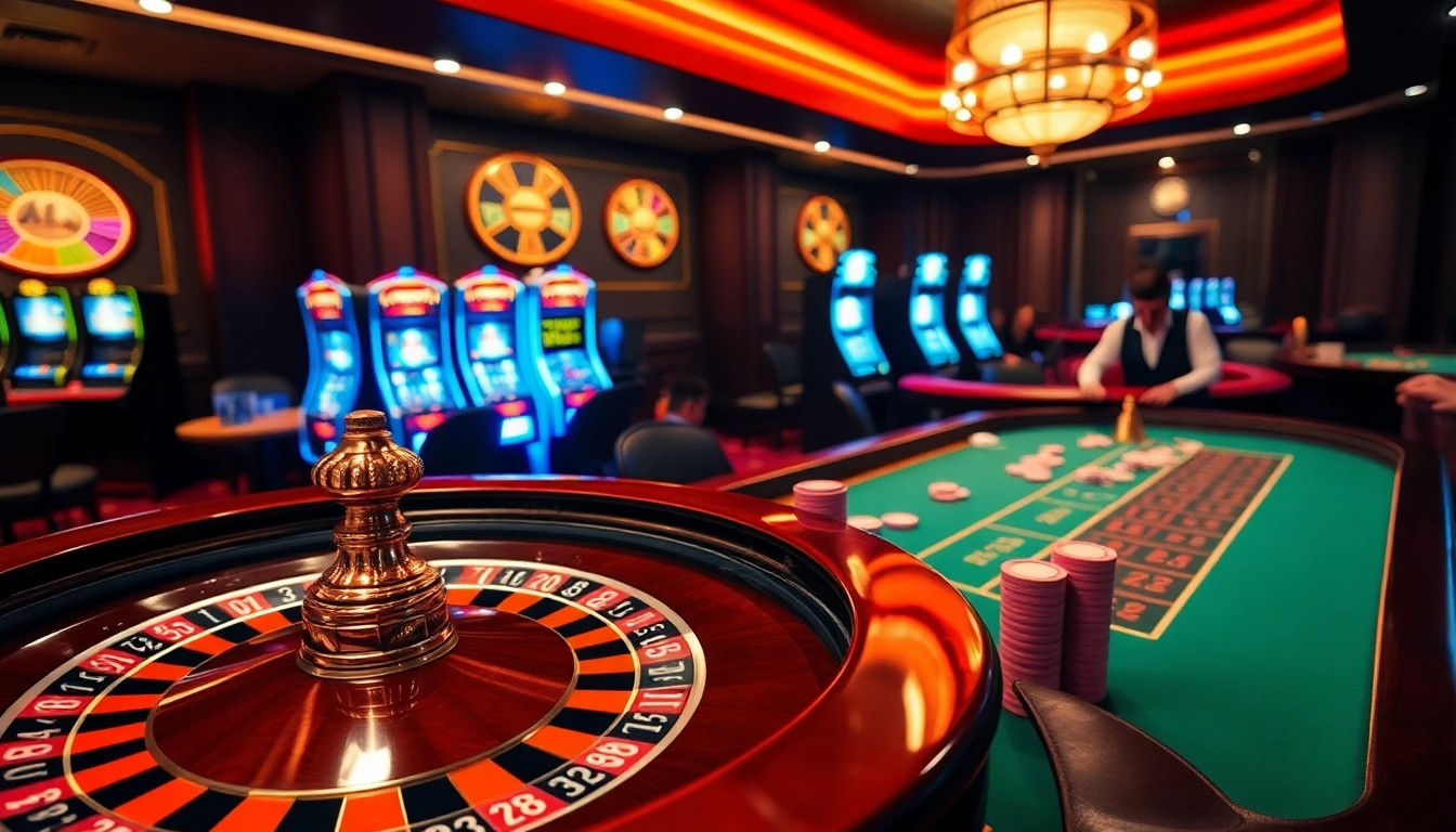 Experience the excitement of gambling at u888 com with a luxurious casino scene featuring roulette and poker tables.