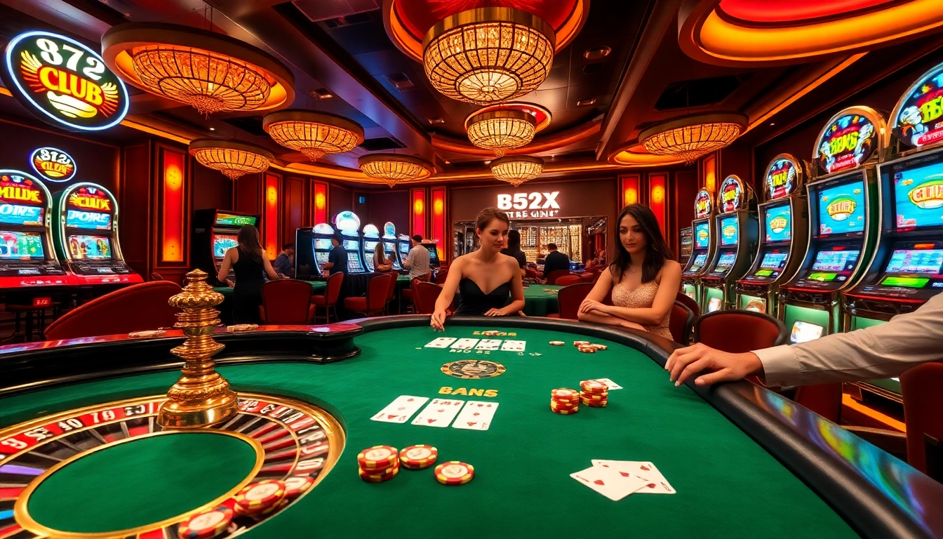 Players strategizing at B52 Club's luxurious poker table amidst vibrant casino ambiance.