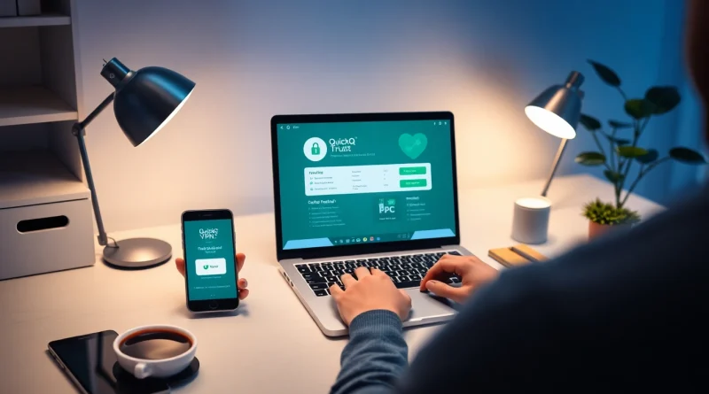 在现代工作空间使用 QuickQ官网进行安全在线浏览的笔记本电脑场景。