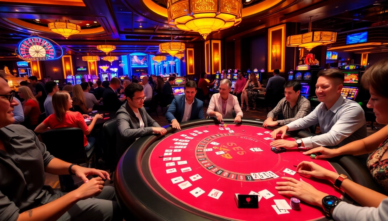 Players enjoying poker at B52 Club, surrounded by vibrant casino atmosphere and luxurious décor.