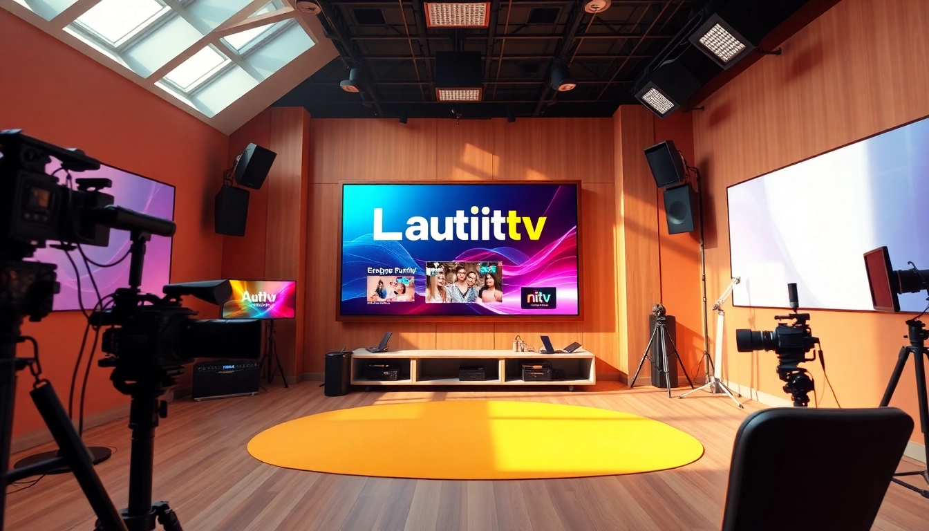 Engaging digital broadcasting studio featuring Lauthaitv logo and vibrant visuals.