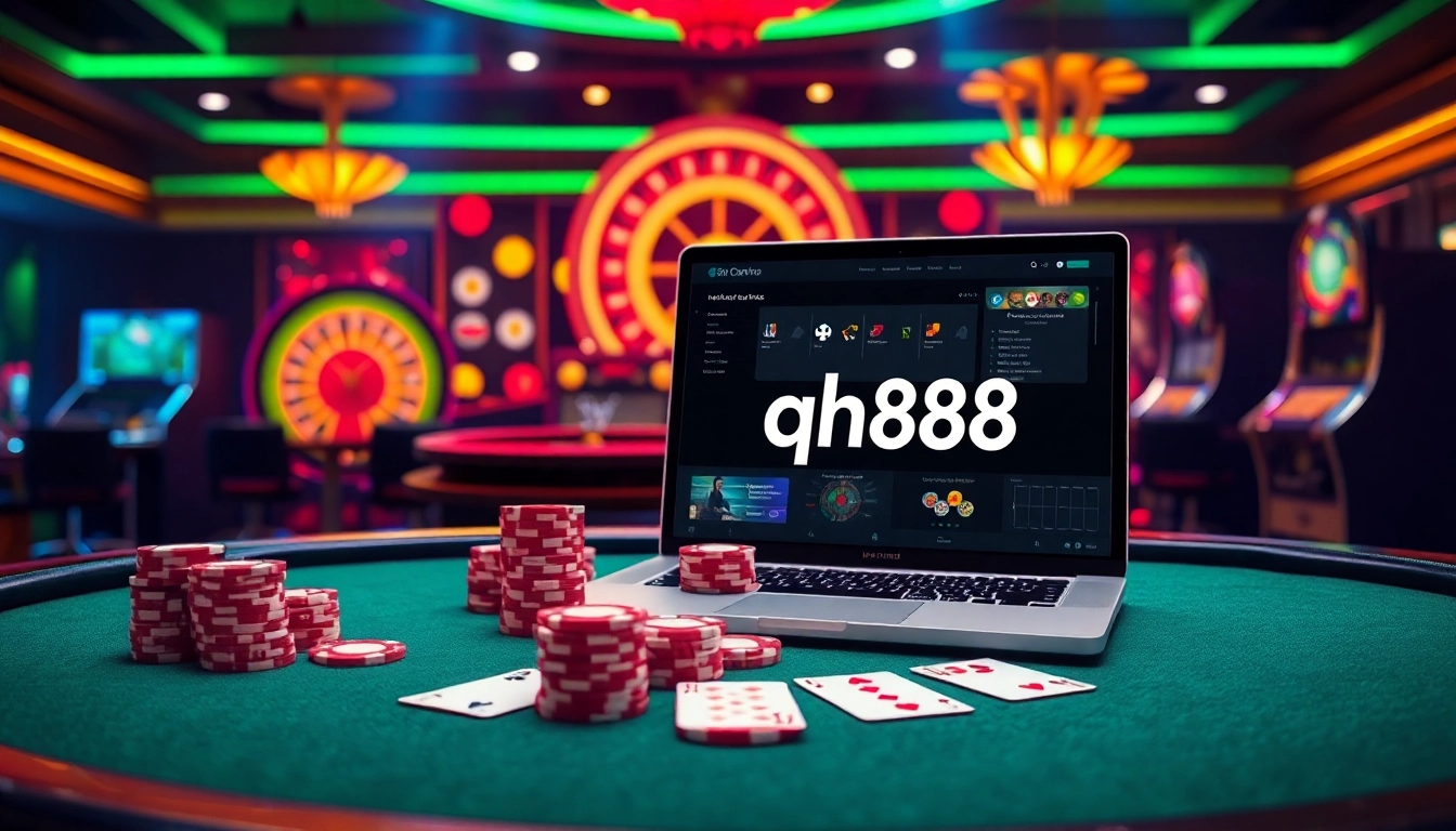 Excited players at a qh88 online poker table with colorful chips and cards.