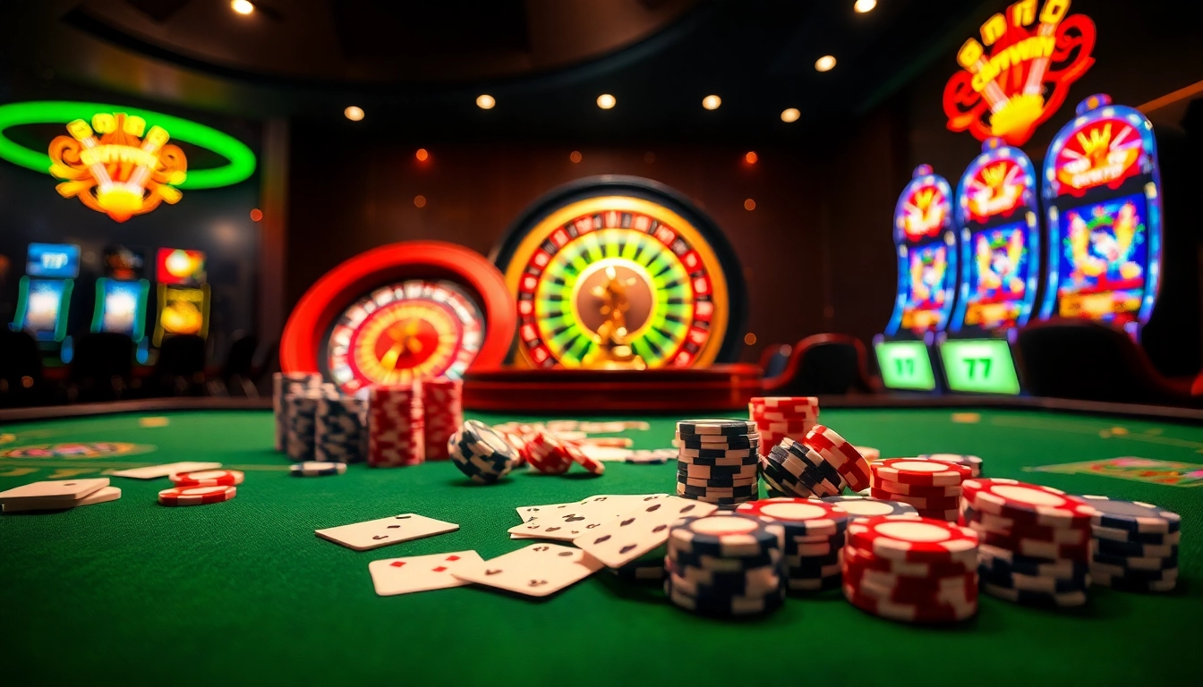 Engaging casino scene with 78WIN poker chips and vibrant slot machines.