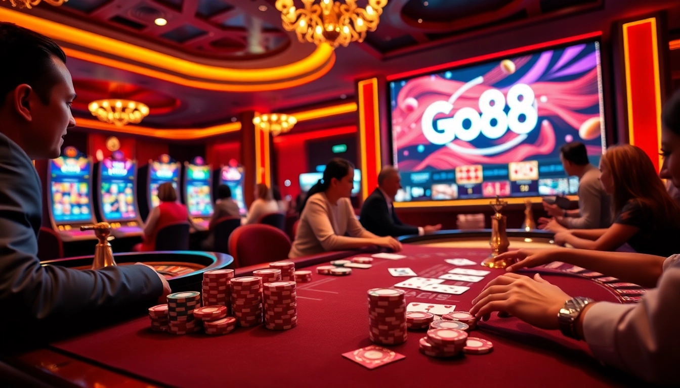 Go88 gaming scene with colorful poker chips and casino tables in an exciting atmosphere