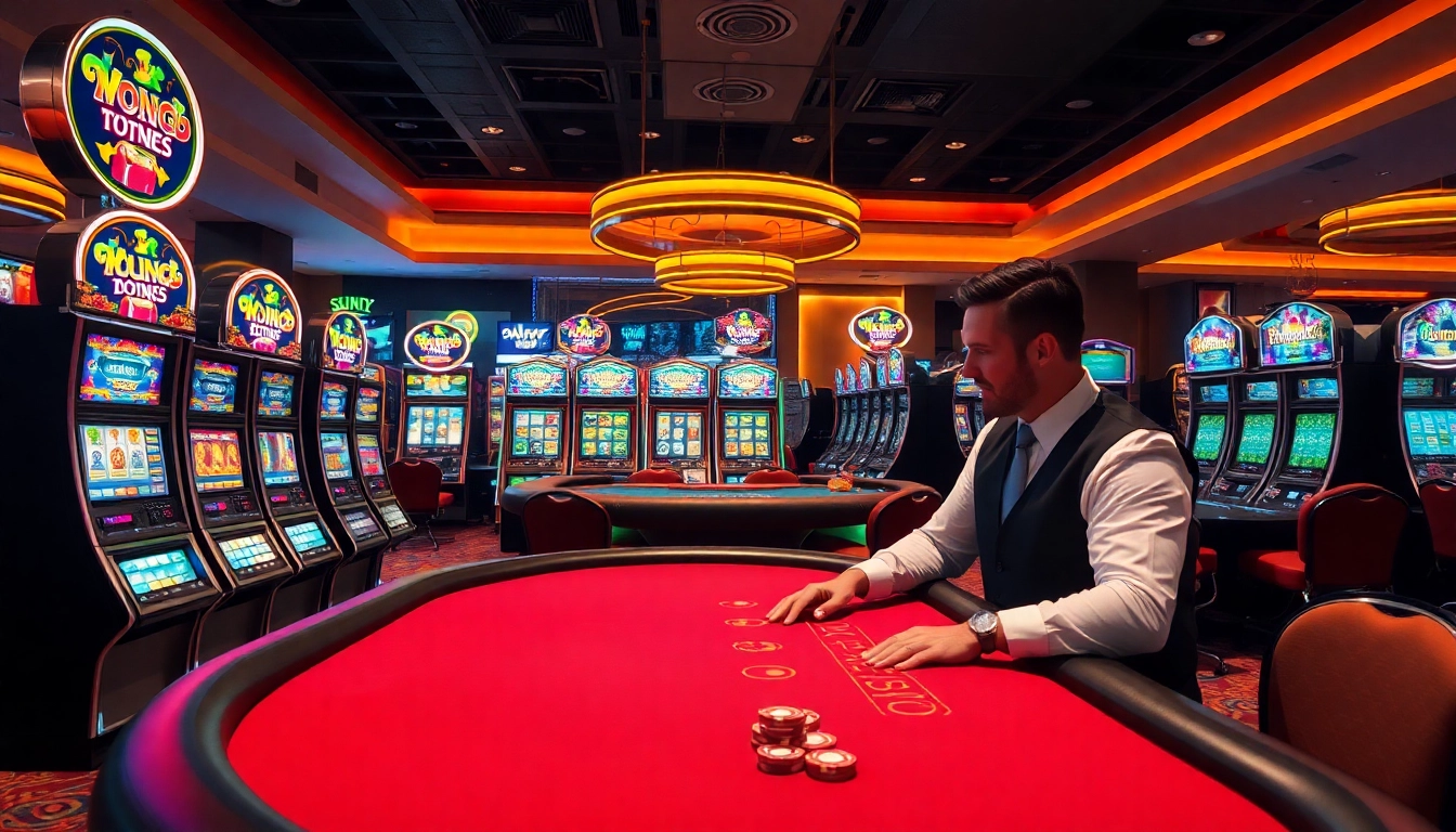 Játékosok izgatottan játszanak online kaszinóban, csillogó gépek és kártyák körül.