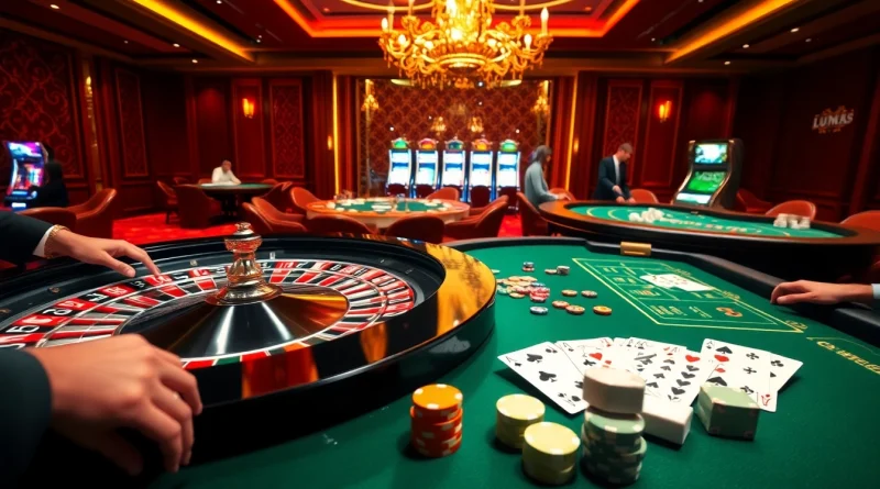 Không khí chơi game đầy phấn khích với LUCK8 và LUCKY8 cùng người chơi tại bàn roulette trong một casino sang trọng.