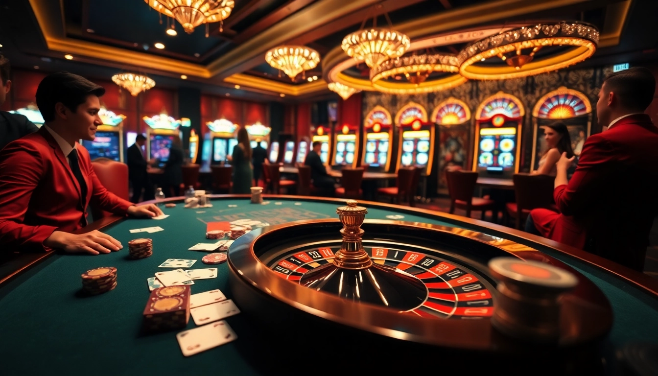 Players enjoying high stakes at the qh88 casino featuring tables and modern slot machines.