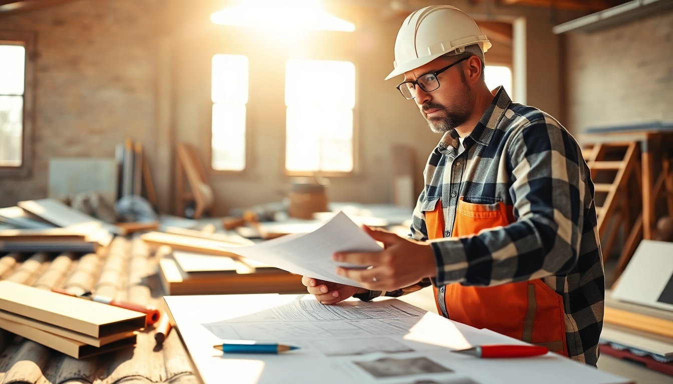 Efficient Flachdachsanierung Projektbegleitung durch Fachmann mit Plänen auf Baustelle.