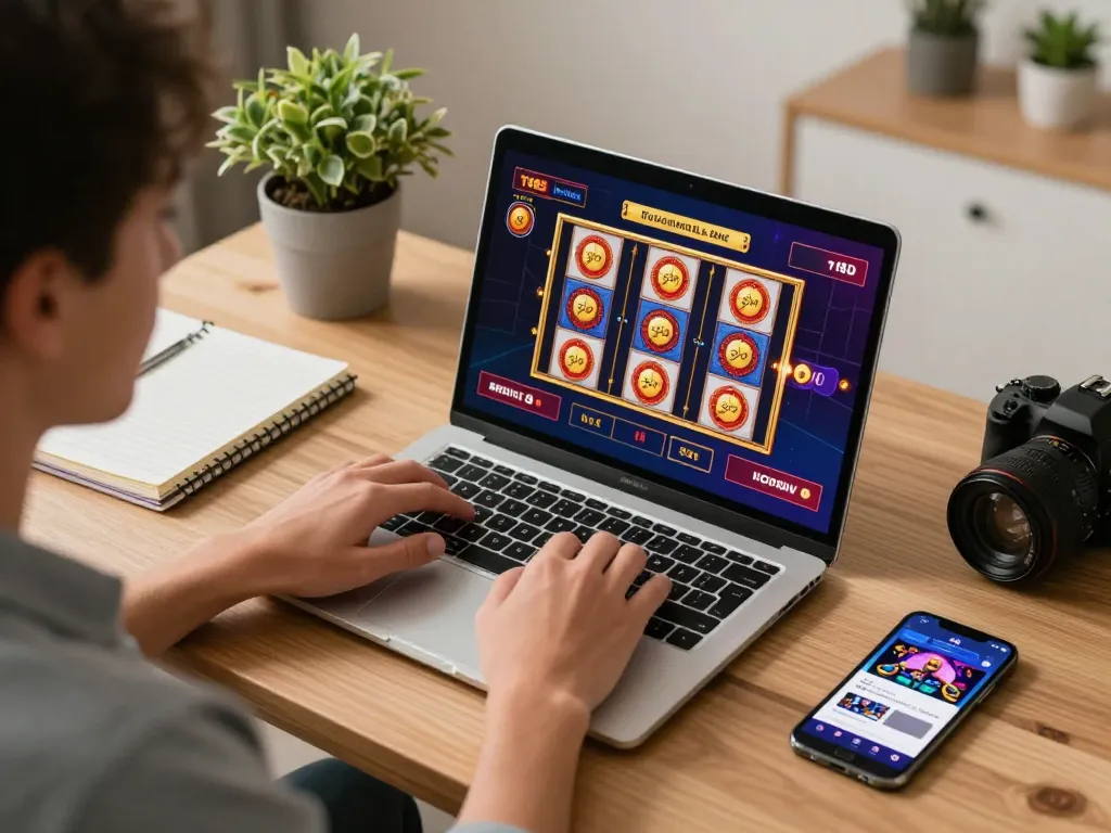 Player engaging with TV88 app in cozy home office while exploring online casino games.