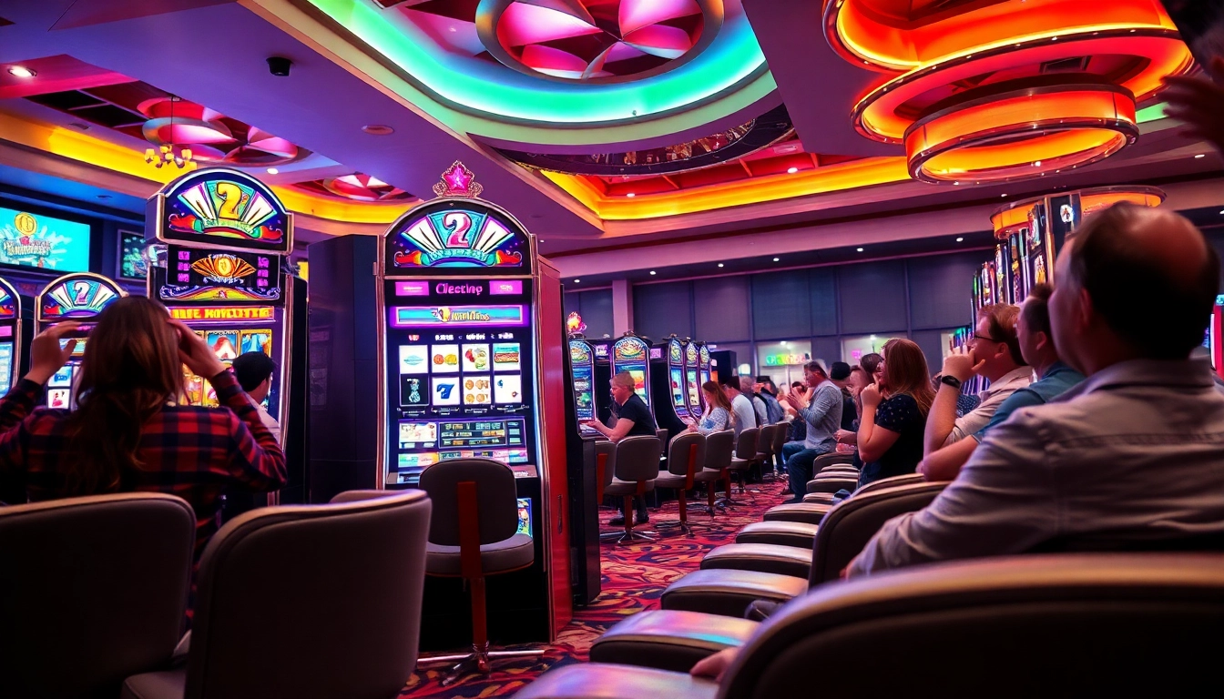 ทดลองเล่นสล็อต ที่สล็อตแมชชีนหลากสีสันในบรรยากาศของคาสิโนที่คึกคัก