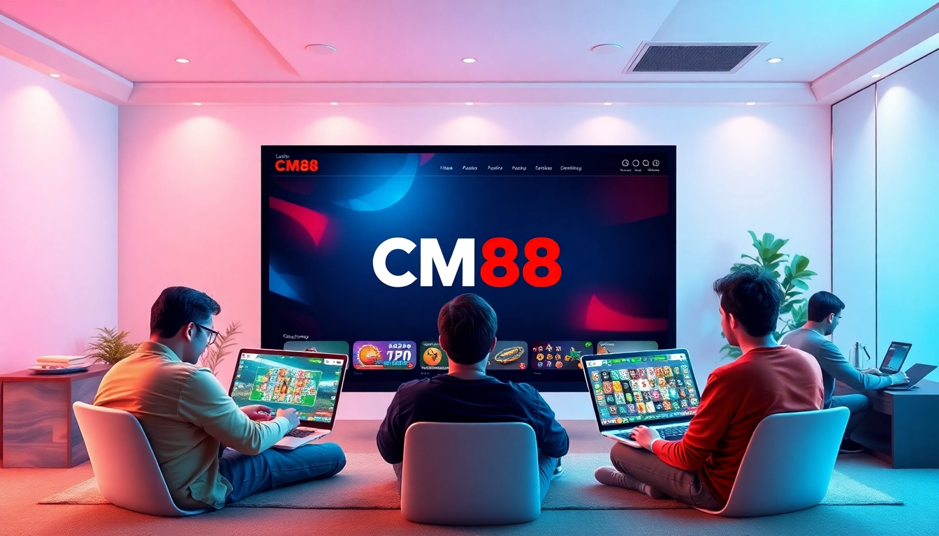 Engaging online gambling experience with CM88 interface featuring diverse users and vibrant game displays.