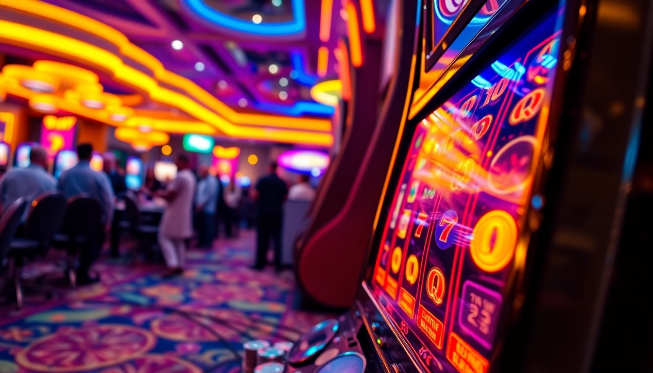 ทดลองเล่นสล็อต ในบรรยากาศคาสิโนที่มีเครื่องสล็อตสีสันสดใสและผู้เล่นมากมาย