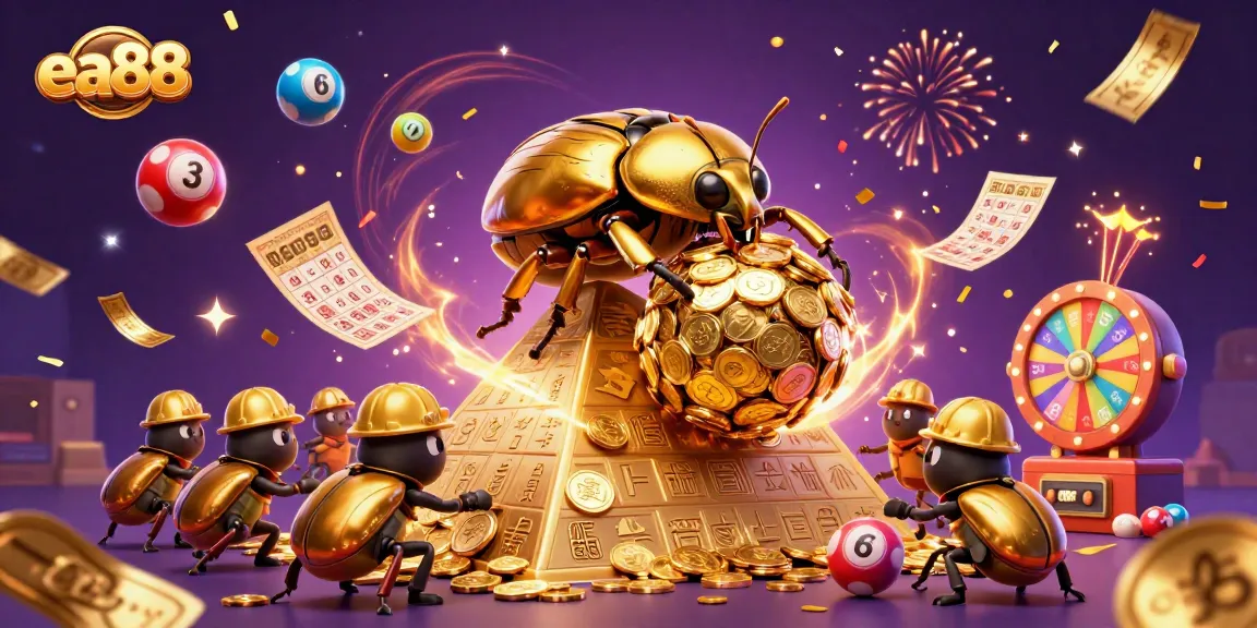 Experience the thrill of betting with ea88's vibrant casino scene featuring golden beetles and dynamic lottery elements.