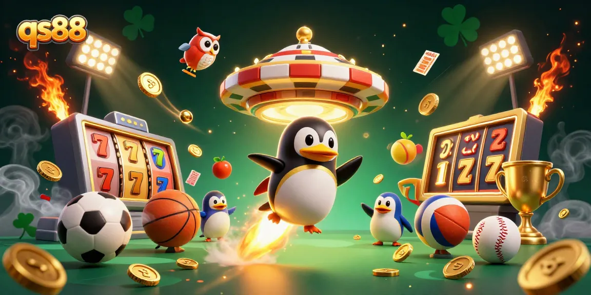 Experience thrilling wins at qs88 with a golden penguin navigating a vibrant casino galaxy adventure.