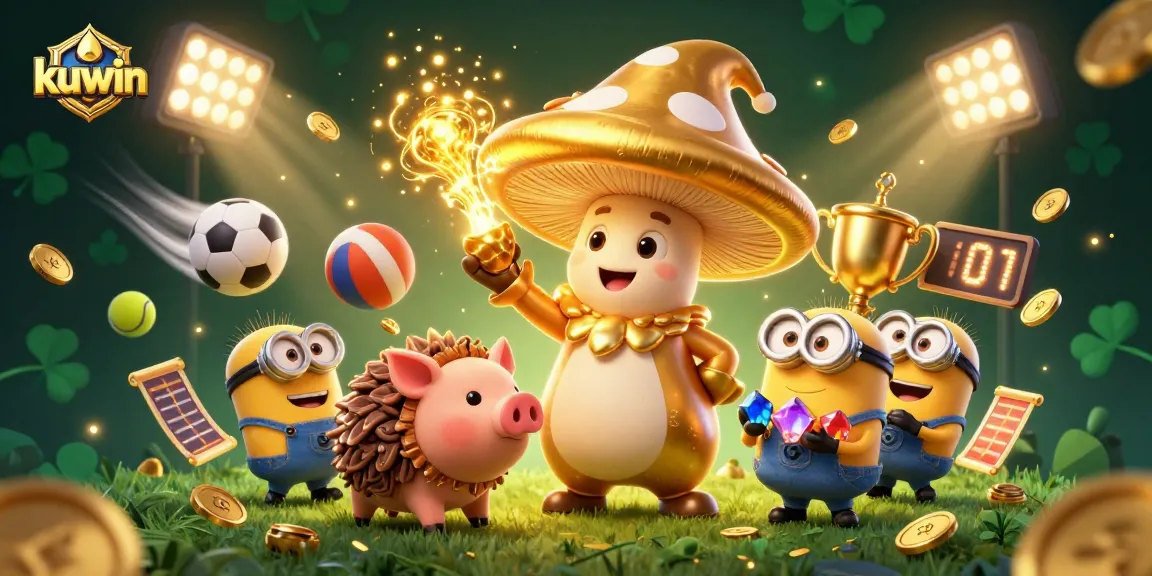 Kuwin casino scene showcasing golden wizard and truffle pig amid dynamic sports betting elements.