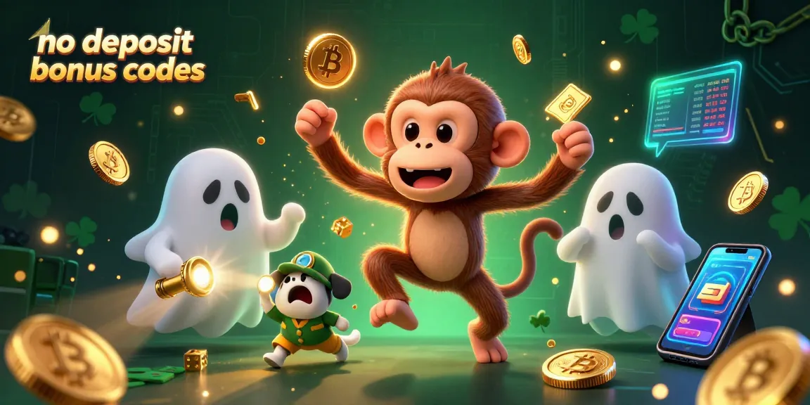 Catch exciting no deposit bonus codes while encountering a poltergeist monkey and curious puppy in a vibrant casino!