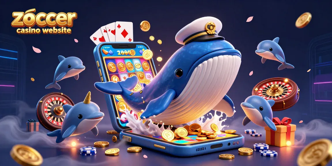 Erleben Sie die aufregende zoccer Casino-Website mit einem 3D-Wal, der durch einen Münzregen bricht und lebhafte Meeresbewohner zeigt.