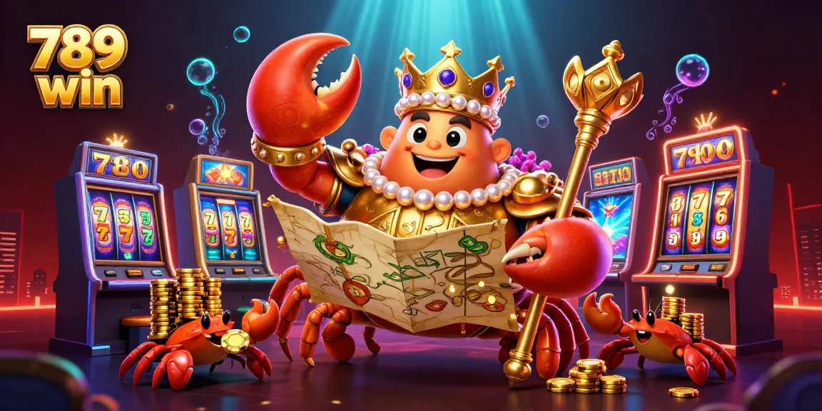 Experience the thrill of 789 win with a golden crab emperor ruling over vibrant slot machines and treasures.