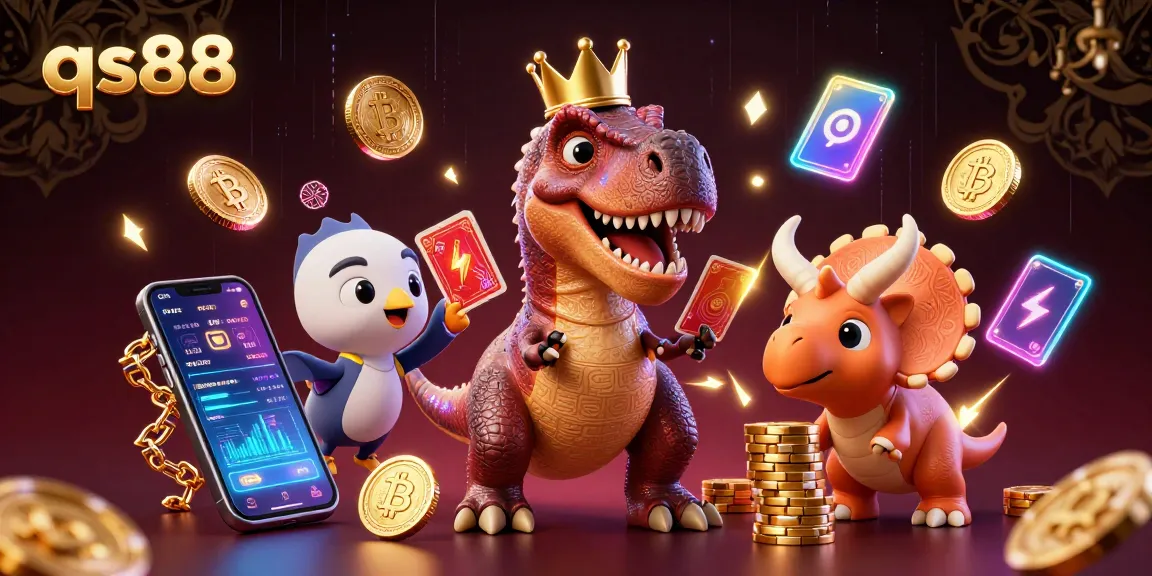 Engage with qs88's vibrant casino scene featuring charming dinosaurs shuffling cards and stacking chips.