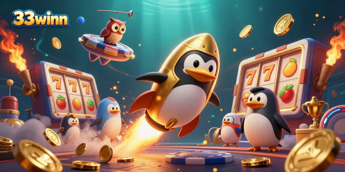 Experience thrilling adventures with 33winn as a golden penguin navigates a casino universe filled with excitement.