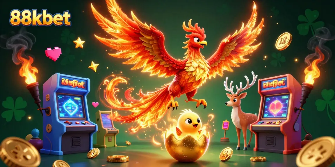 Engage with 88kbet's vibrant gaming universe featuring a phoenix, baby chick, and gambling elements.